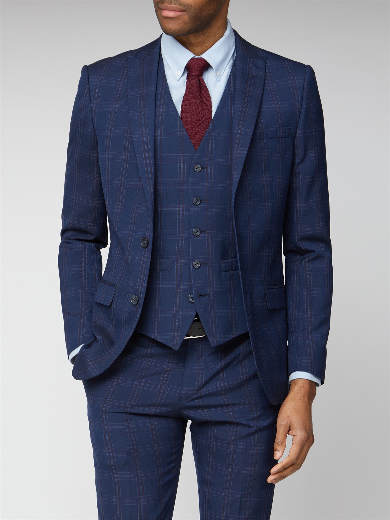 Navy Pink Bold Check Slim Fit Suit Jacket 38L Navy