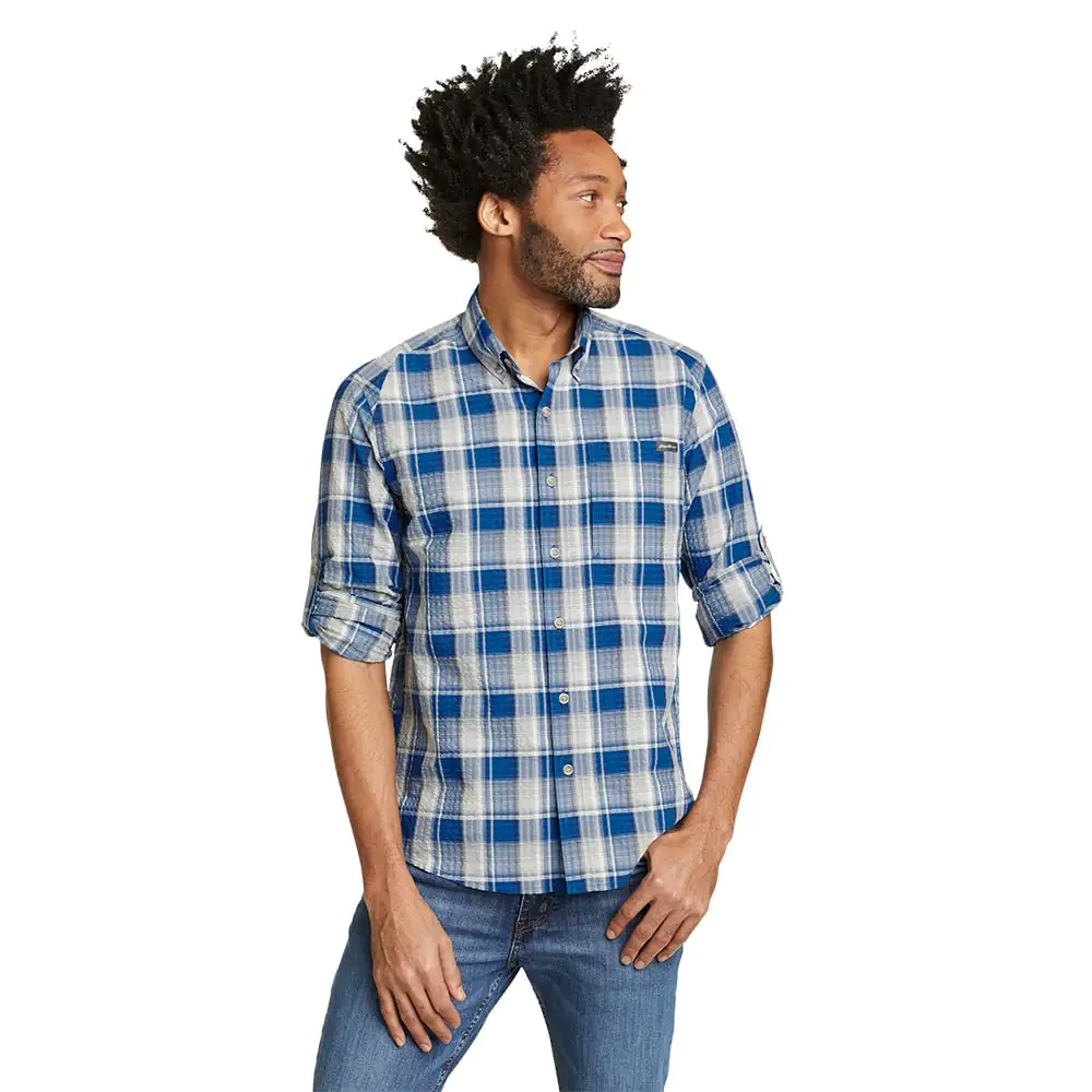 Eddie Bauer Mens Pack It Seersucker Long Sleeve Shirt (True Blue)