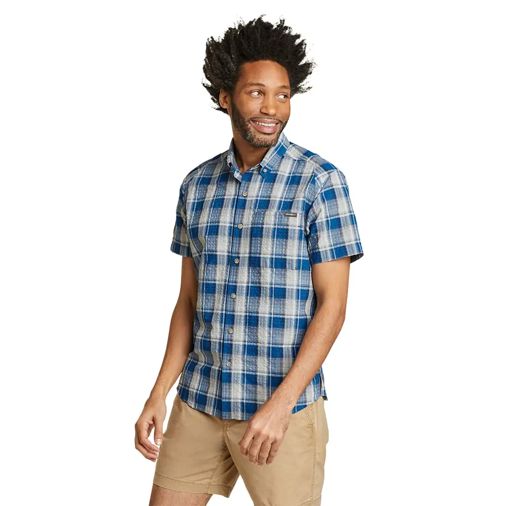 Eddie Bauer Mens Pack It Seersucker Short Sleeve Shirt (True Blue)
