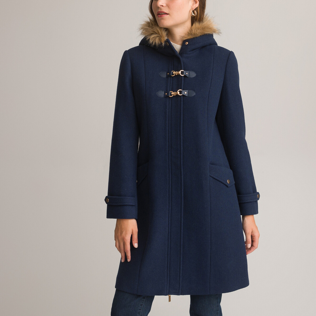 Mid-Length Hooded Coat with Zip Fastening