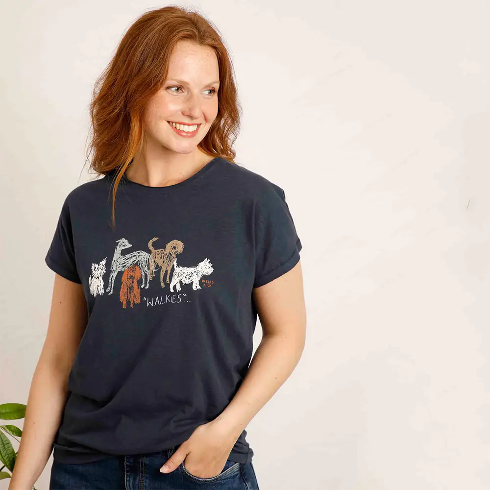 Weird Fish Womens Walkies Organic Cotton Slub T-Shirt (Navy)