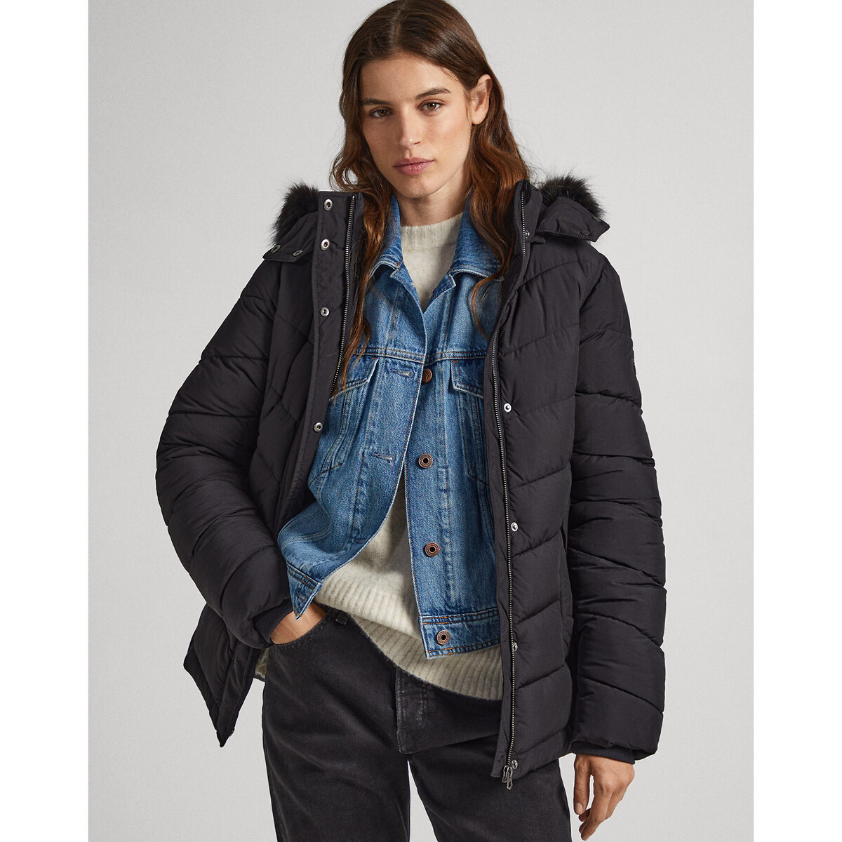 Recycled Short Padded Jacket with Faux Fur Trim Hood
