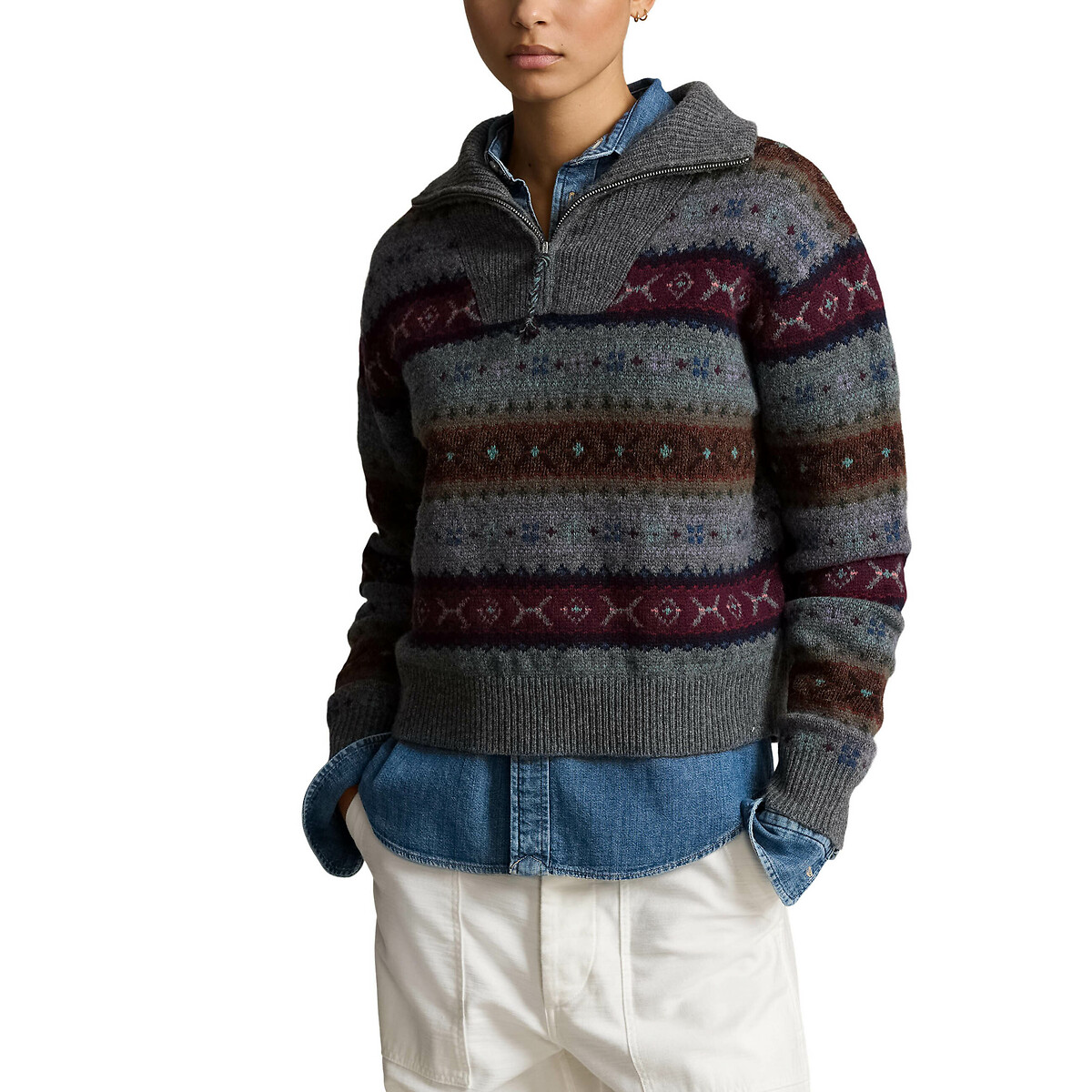 Wool Half Zip Jumper in Striped Print