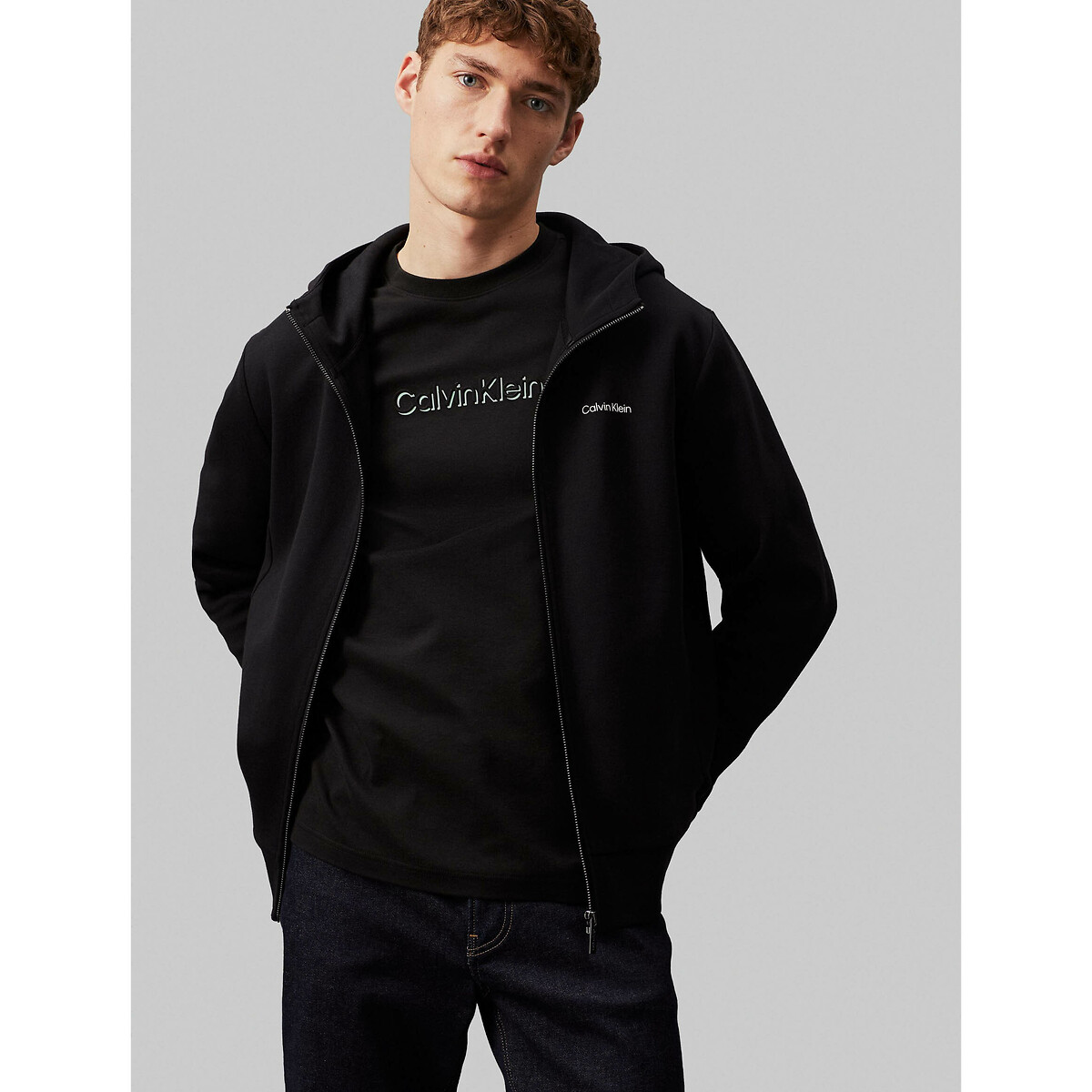 Dual Fabric Hooded Jacket in Cotton Mix with Zip Fastening