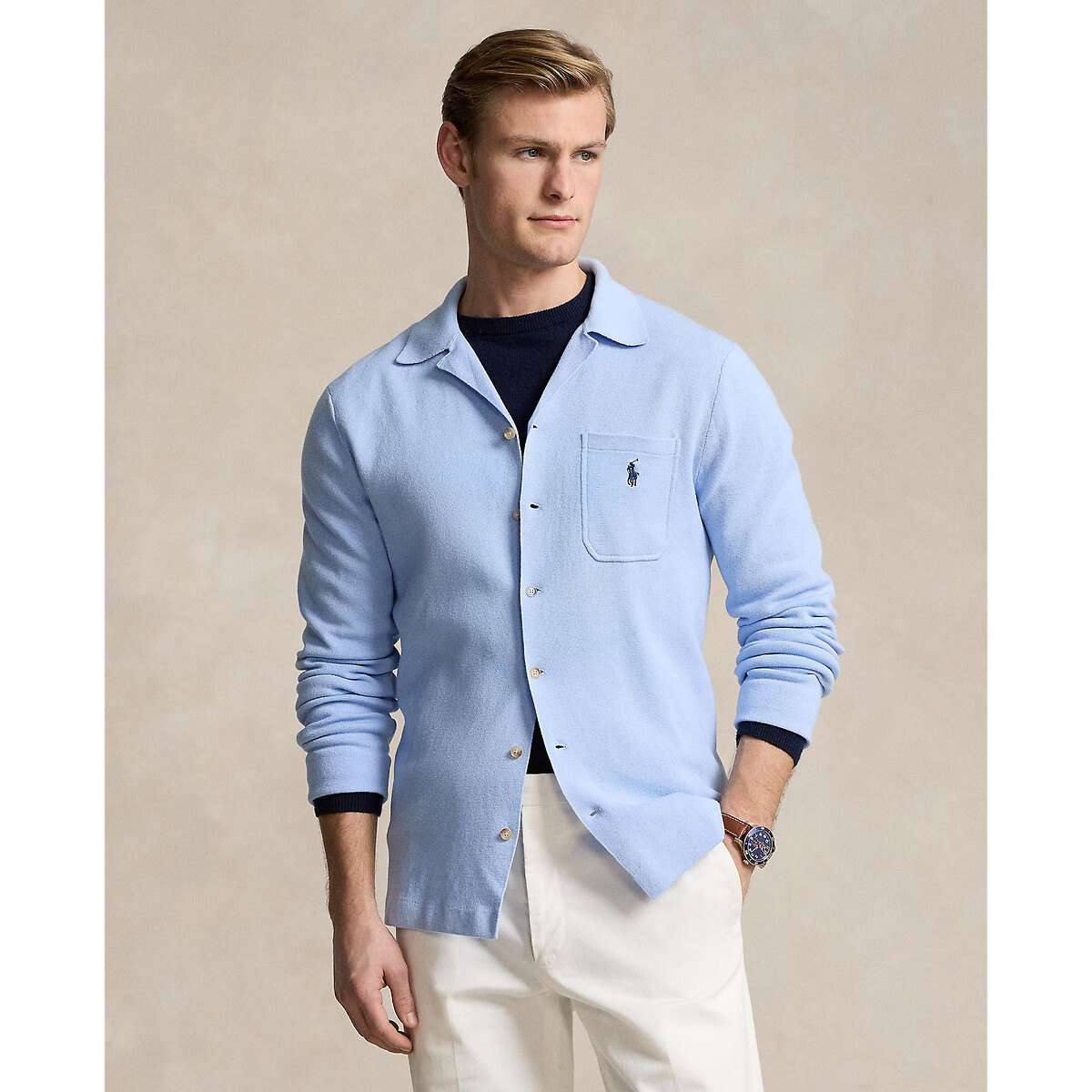 Embroidered Logo Buttoned Cardigan in Cotton with Shirt Collar