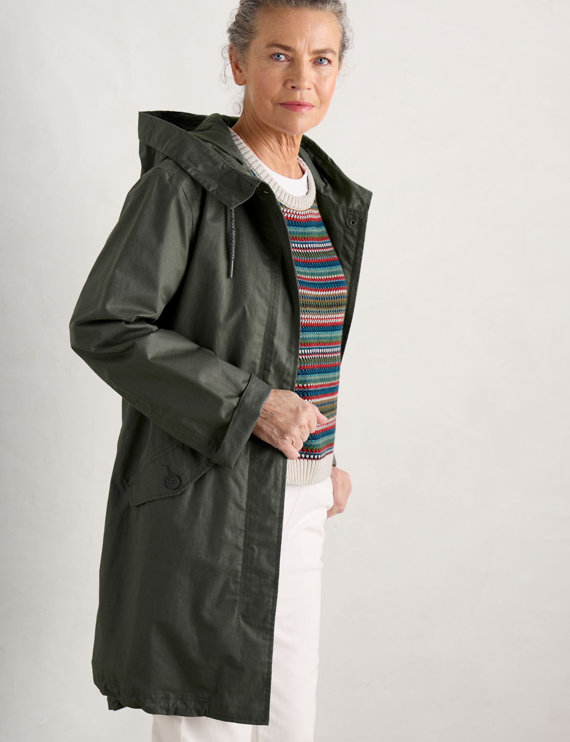 Seasalt Cornwall Women's Waterproof Linen Rich Longline Raincoat - 14REG - Green, Green
