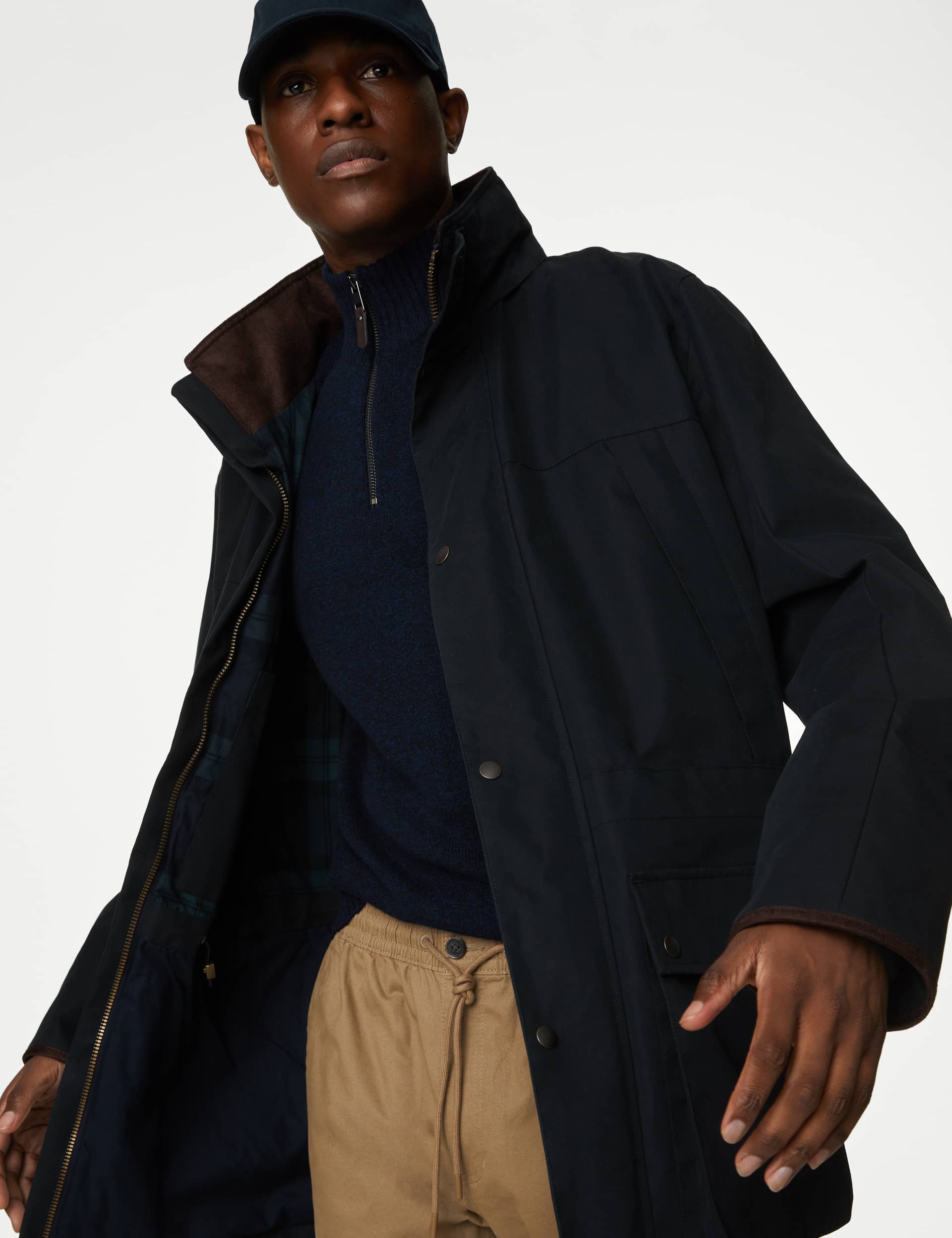 M&S Men's Cotton Rich Parka Jacket with Stormwear™ - XXXL - Navy, Navy,Brown