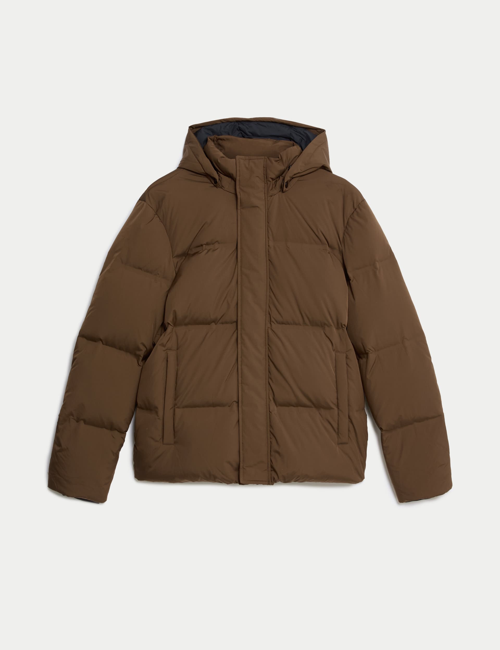 M&S Men's Feather and Down Padded Hooded Puffer Jacket - LREG - Brandy, Bottle Green,Black,Stone,Brandy