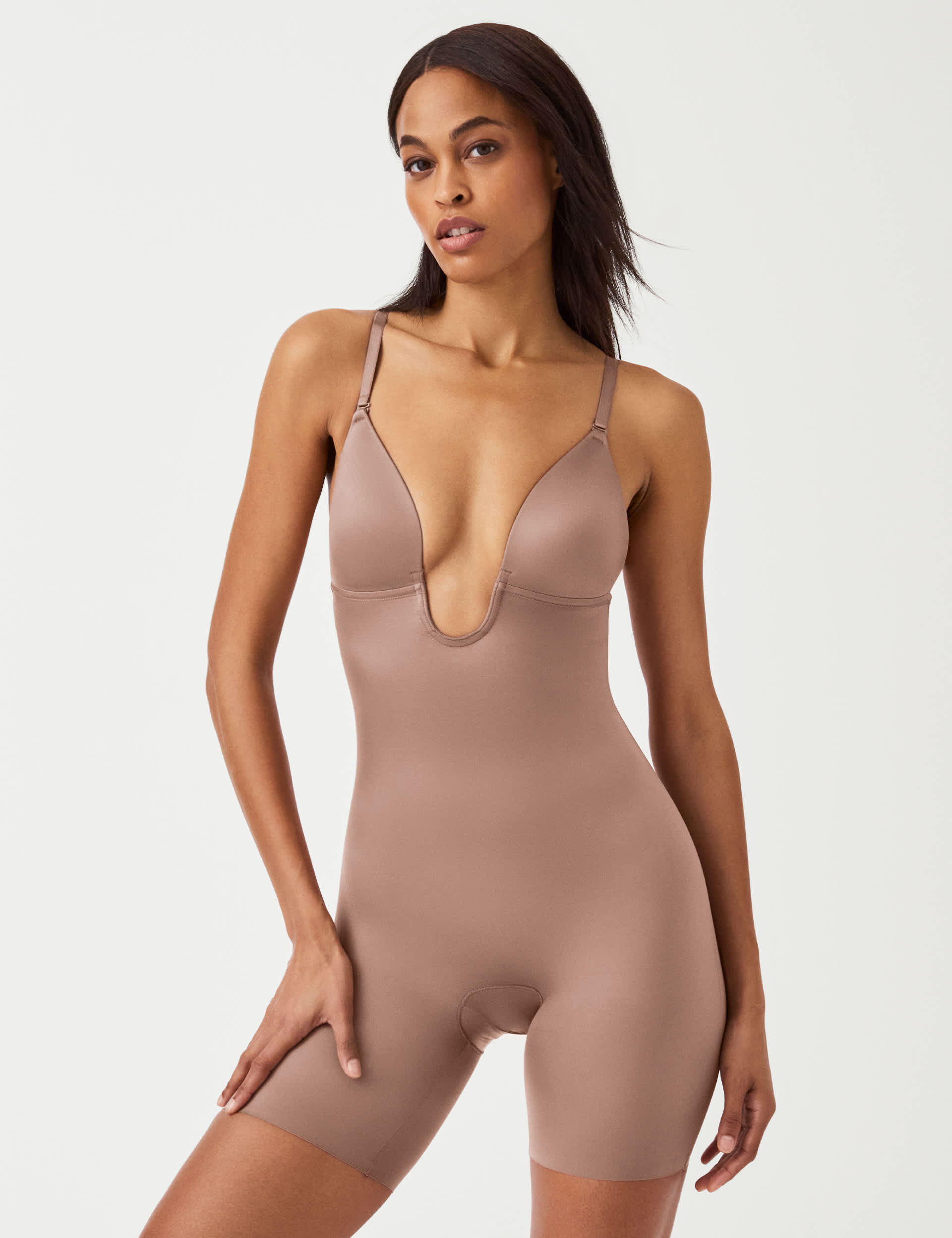 Spanx Women's Suit Your Fancy Medium Control Plunge Low-Back Mid-Thigh Bodysuit - Brown, Brown,Beige,Black