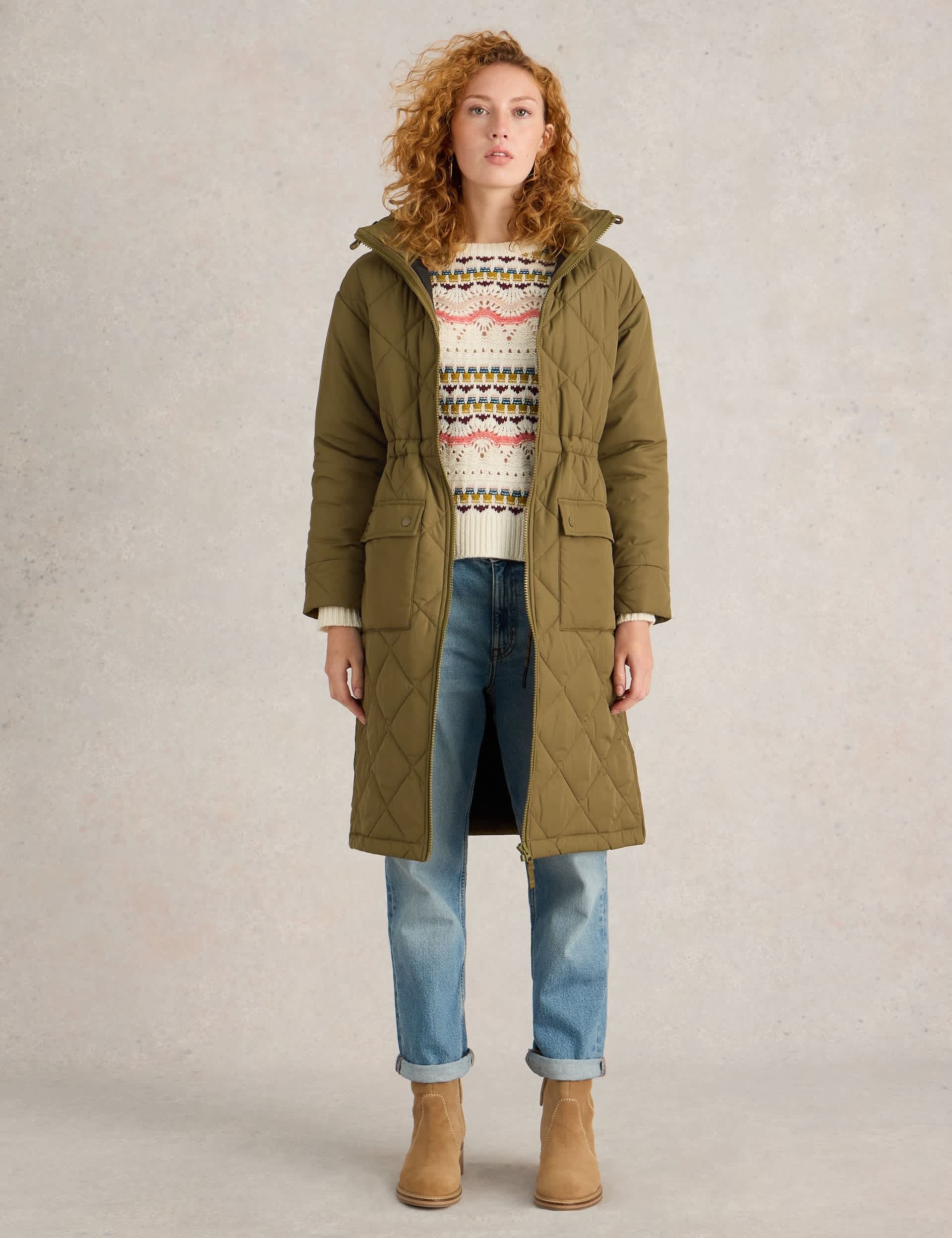 White Stuff Women's Quilted Hooded Longline Coat - 14REG - Green, Green White Stuff Women's Quilted Hooded Longline Coat - 14REG - Green, Green