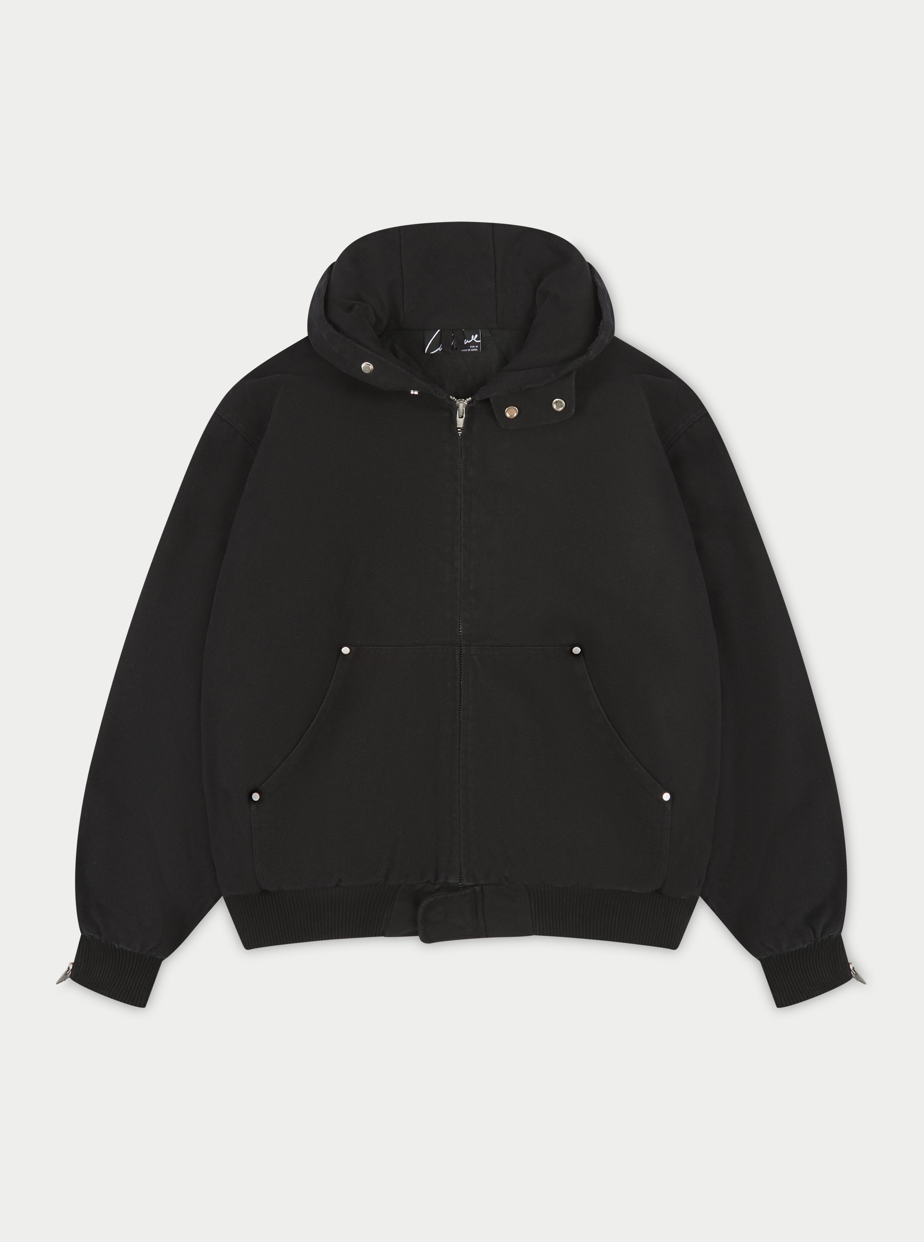 Distressed Woven Canvas Hooded Jacket - Washed Black