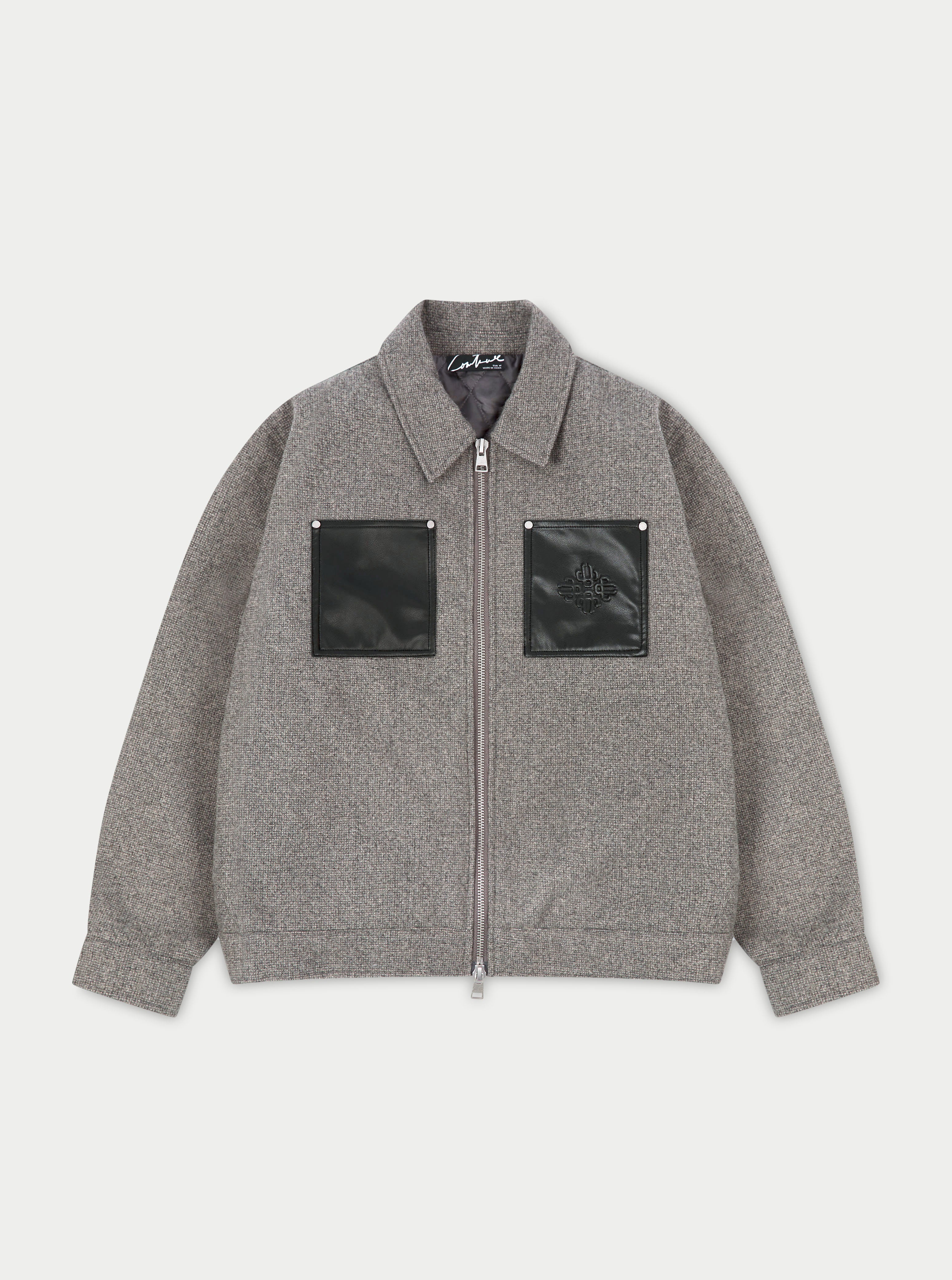 Faux Leather Patch Pocket Wool Shacket - Grey