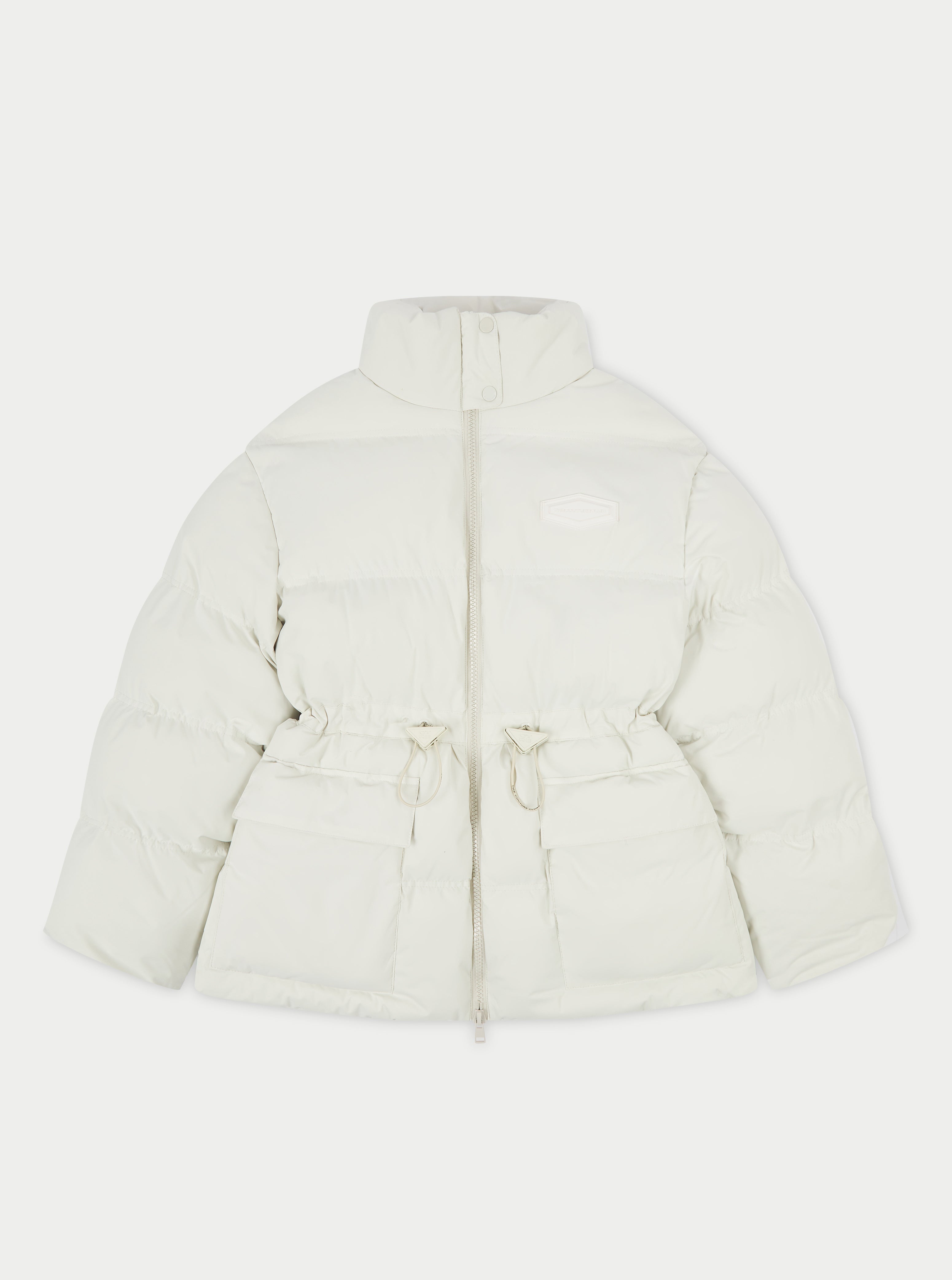 Tie Waist Pleated Puffer Coat - Off White