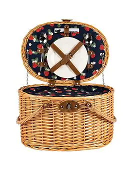 Summerhouse By Navigate Strawberries & Cream 2 Person Insulated Wicker Picnic Basket With Contents - Navy