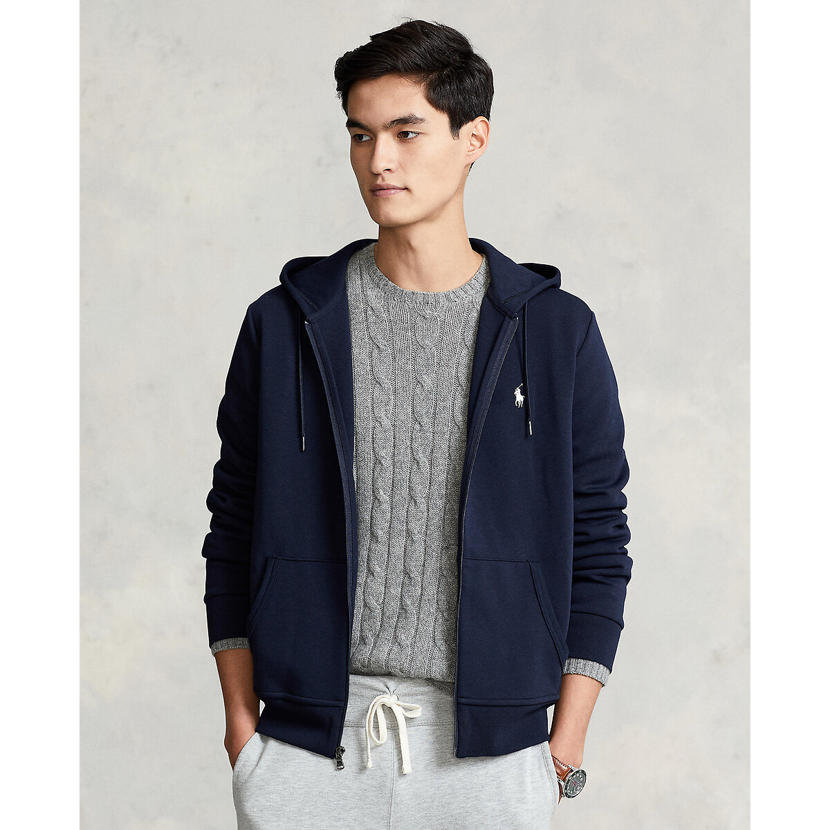 Embroidered Logo Zipped Hoodie in Cotton Mix
