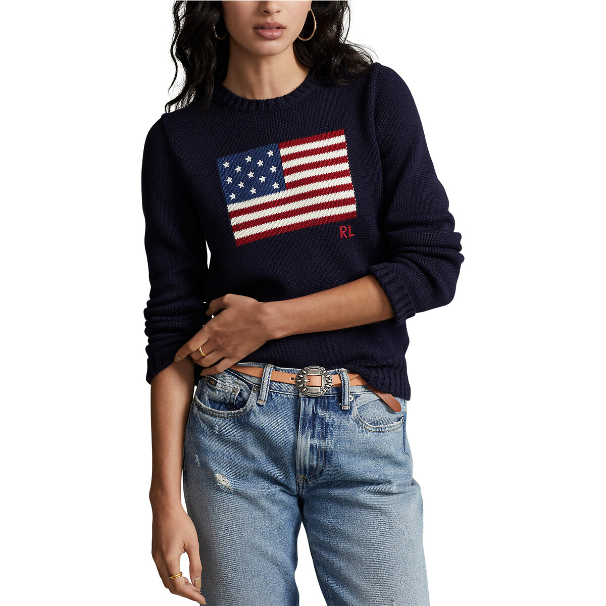 Cotton Flag Jumper with Crew Neck in Fine Knit