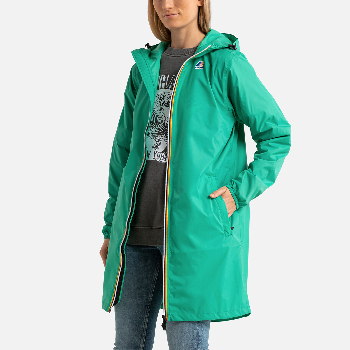 Mid-Length Hooded Windbreaker with Print on the Front